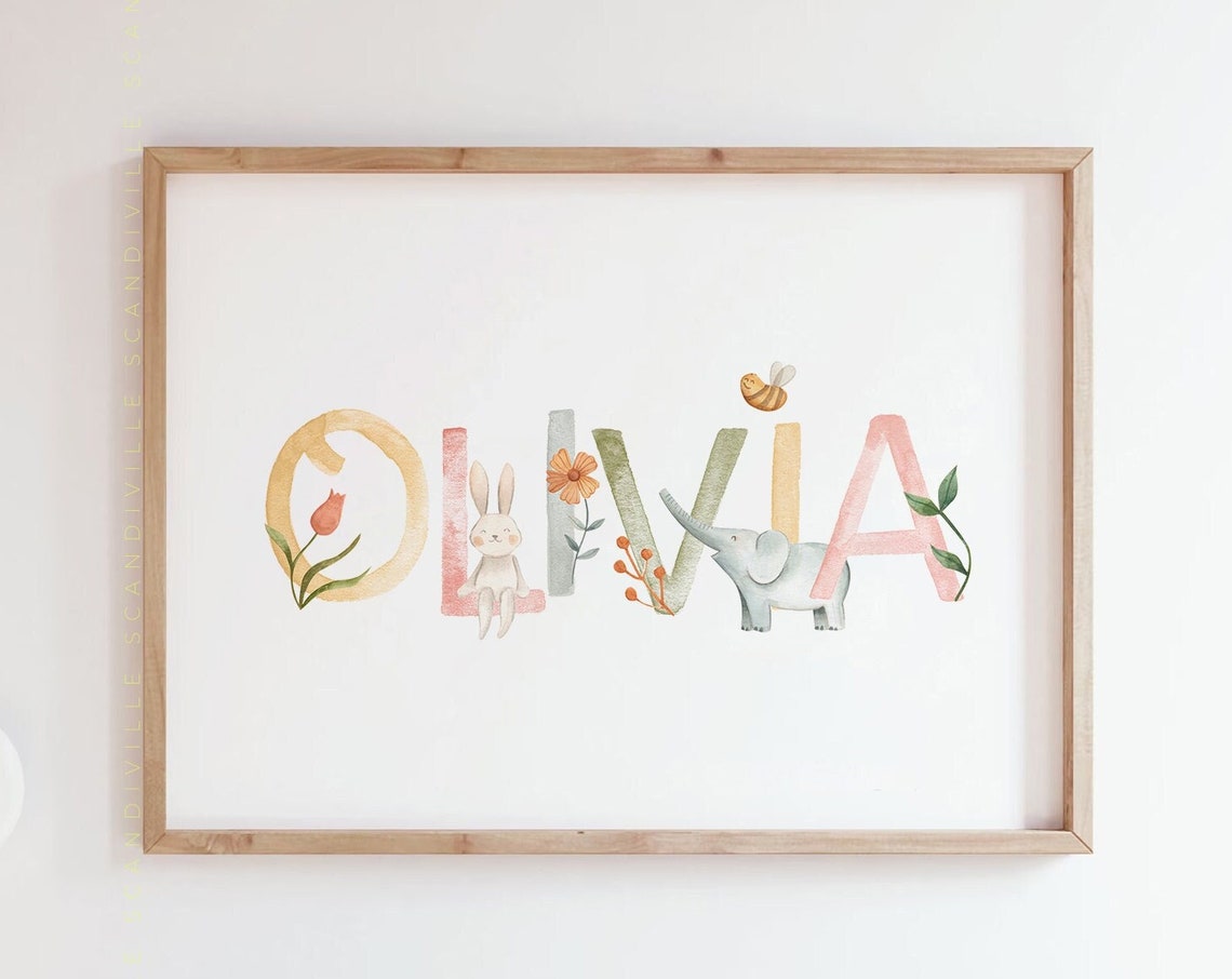 Olivia Custom Baby Girl Name Sign Watercolor Nursery Poster Art