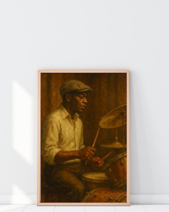 Jazz Drummer Oil Painting Vintage Club Musician Soulful Scene Poster
