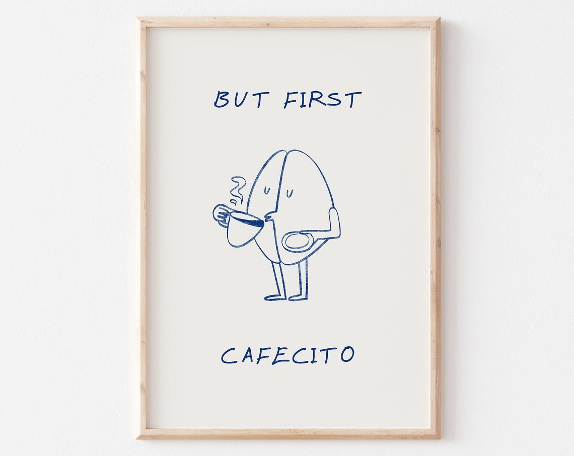 But First Cafecito Cute Coffee Bean Line Drawing Kitchen Print - Image 4