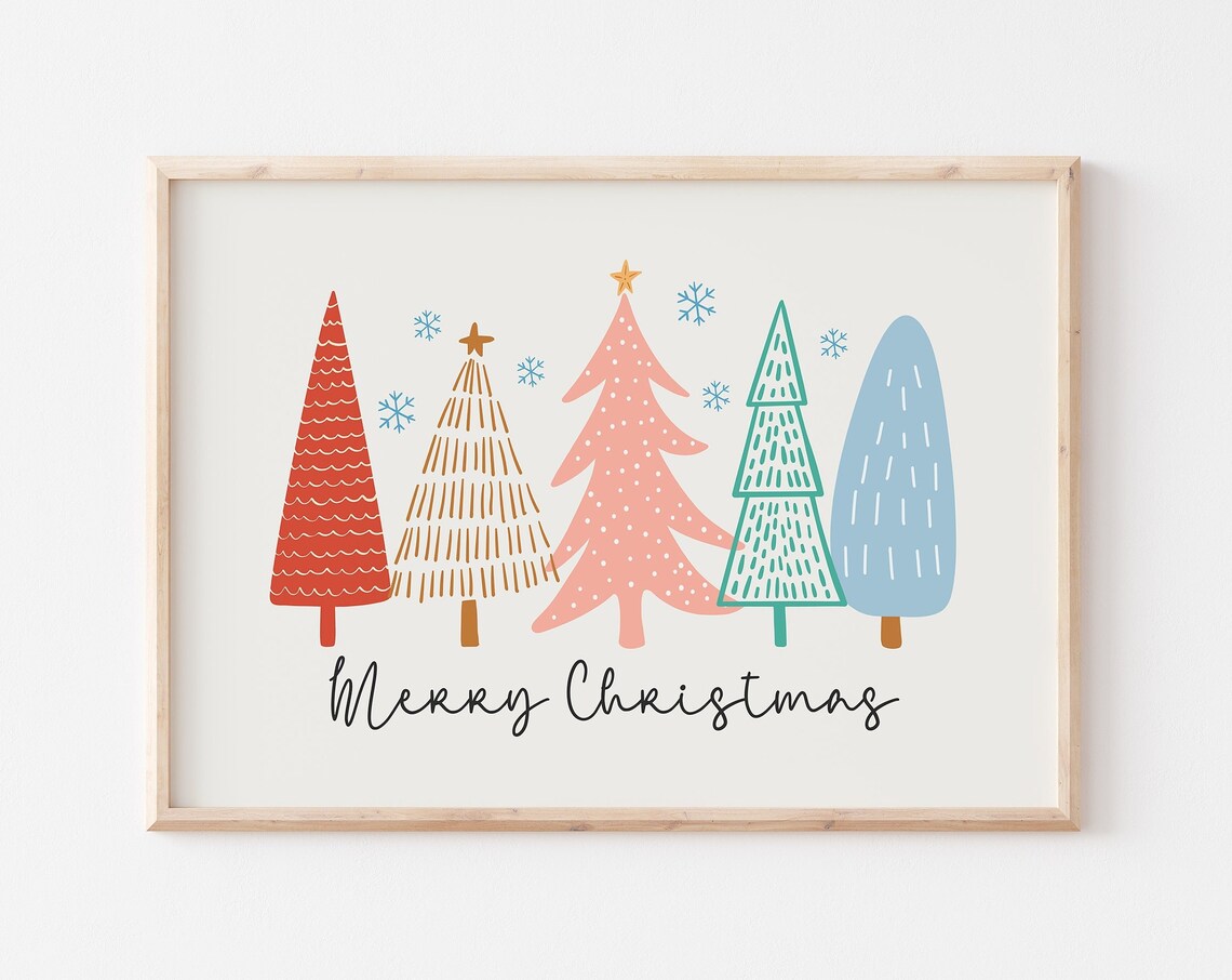 Cute Merry Christmas Tree Art Print, Cozy Holiday Decor