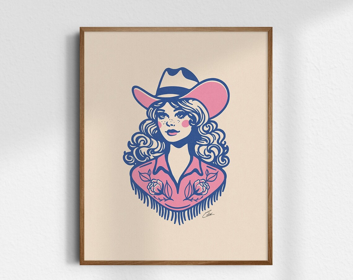Pretty Punchy Cowgirl Poster Retro Western Woman Portrait Pink Decor