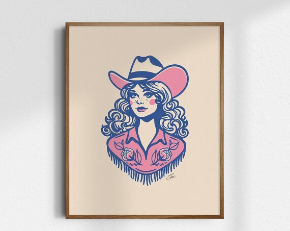 Pretty Punchy Cowgirl Poster Retro Western Woman Portrait Pink Decor