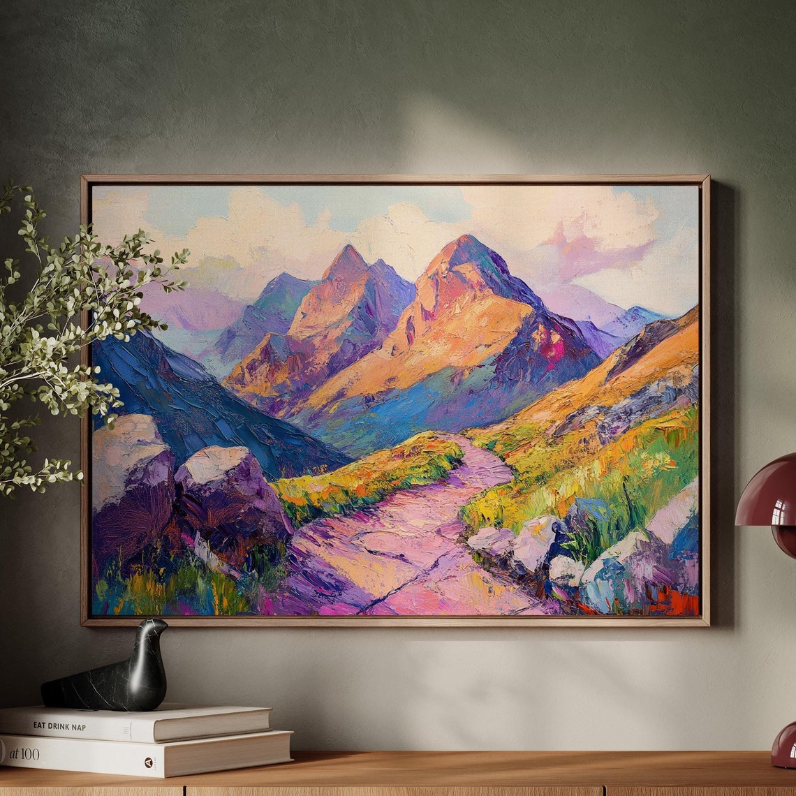 Vibrant Mountain Landscape Painting Textured Pathway With Colorful Peaks For Bold And Inspiring Wall Decor Print