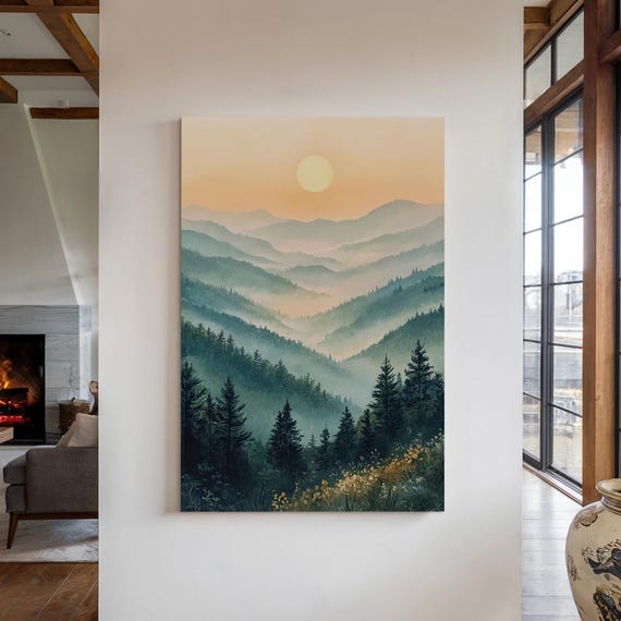 Misty Mountain Sunrise Print Tranquil Landscape Painting Serene Nature Wall Art Forest Hills Decor For Home Or Office