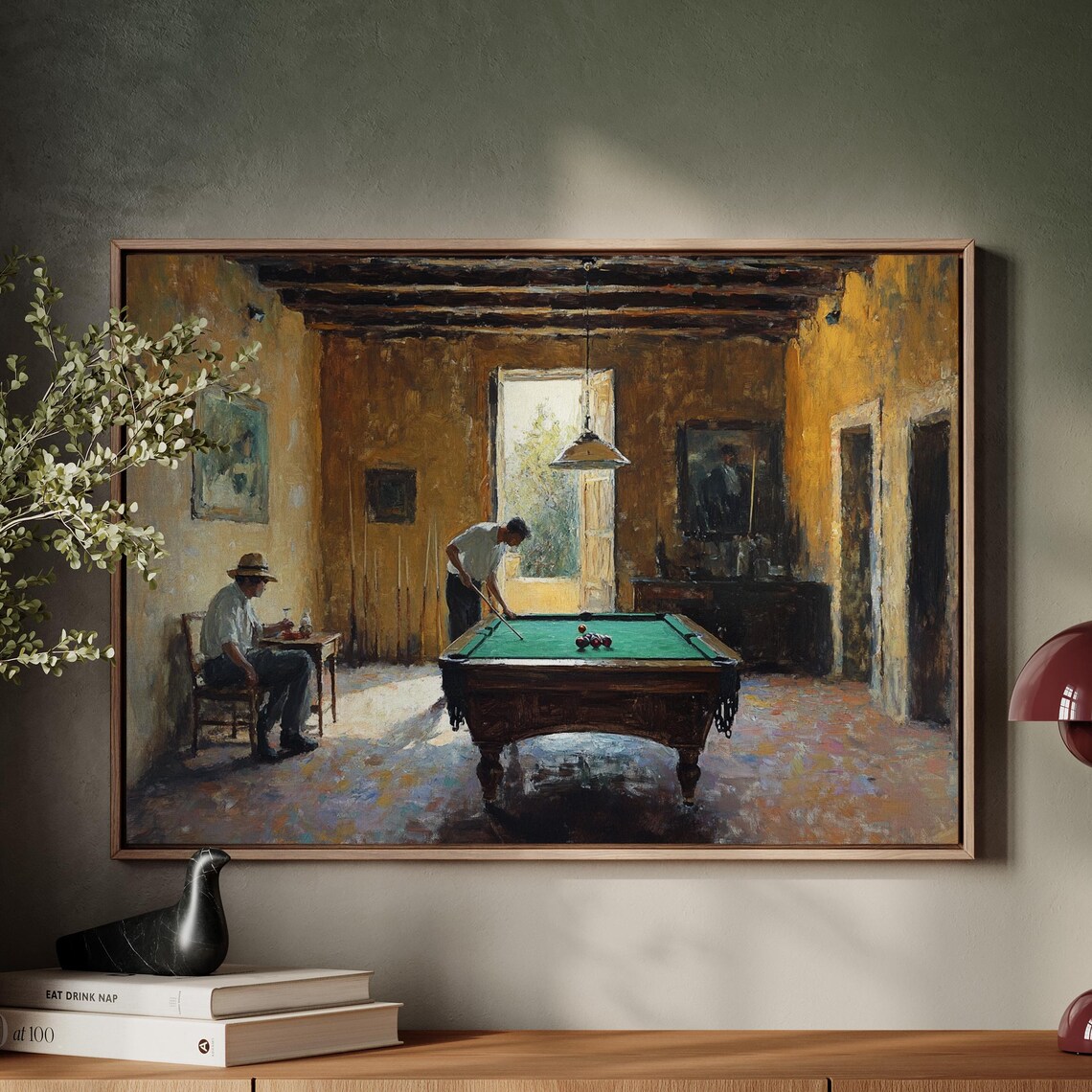 Rustic Billiards Room Painting, Vintage Game Table Art