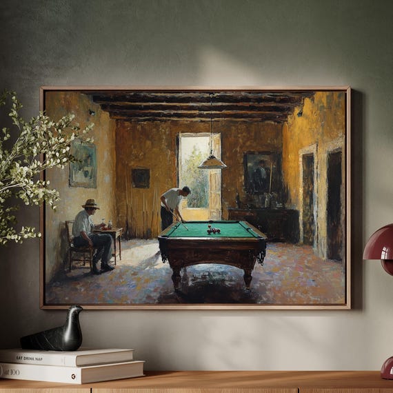 Rustic Billiards Room Painting, Vintage Game Table Art