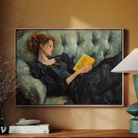 Woman Reading Black Dress Green Sofa Victorian Oil Painting Art Poster