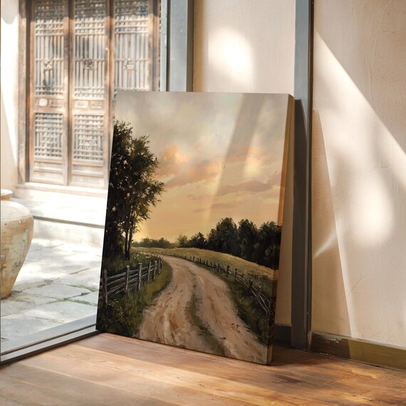 Rustic Country Road Painting Farmhouse Landscape Art Sunset Pastoral Scene Dirt Path Wall Decor Serene Countryside Print