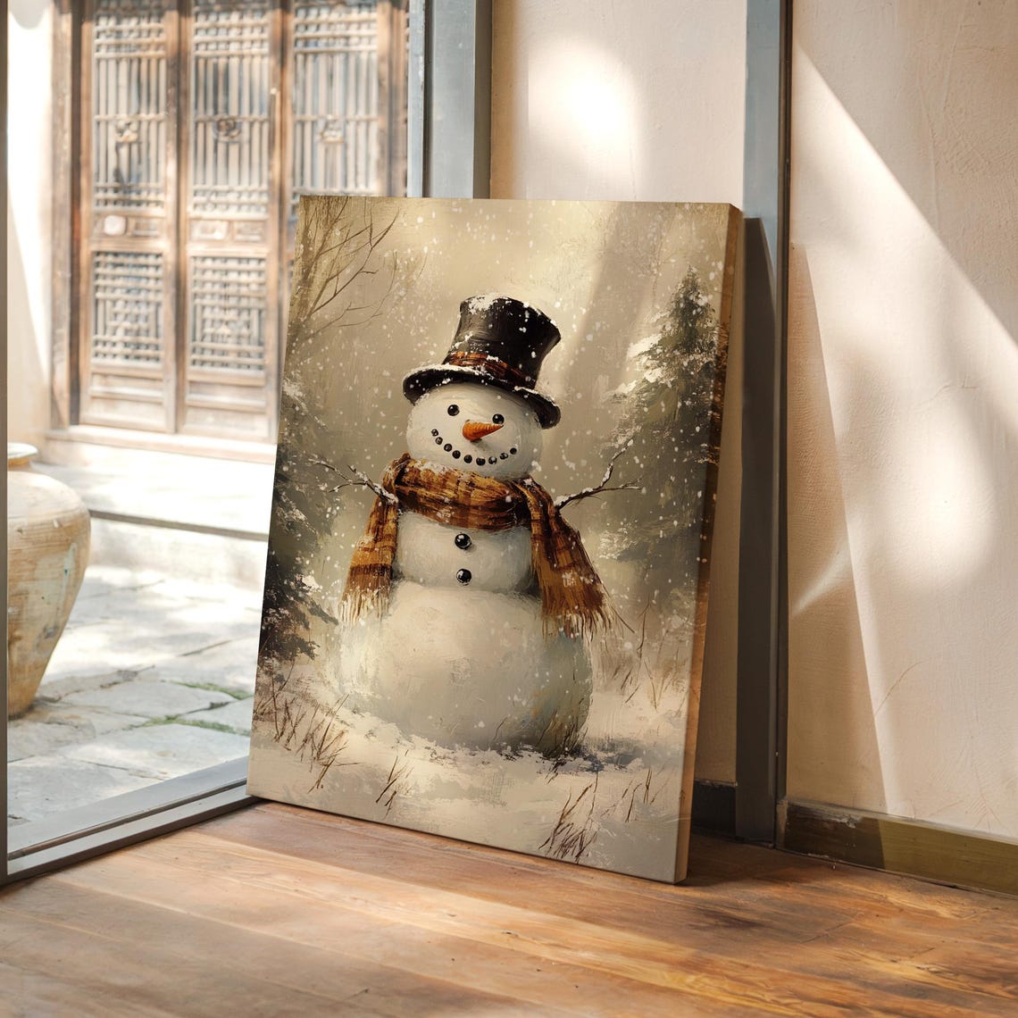 Cute Snowman With Top Hat And Plaid Scarf In Falling Snow Art Poster