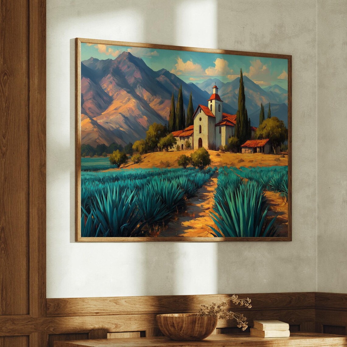 Southwest Mission Church Agave Field Mountain Landscape Poster