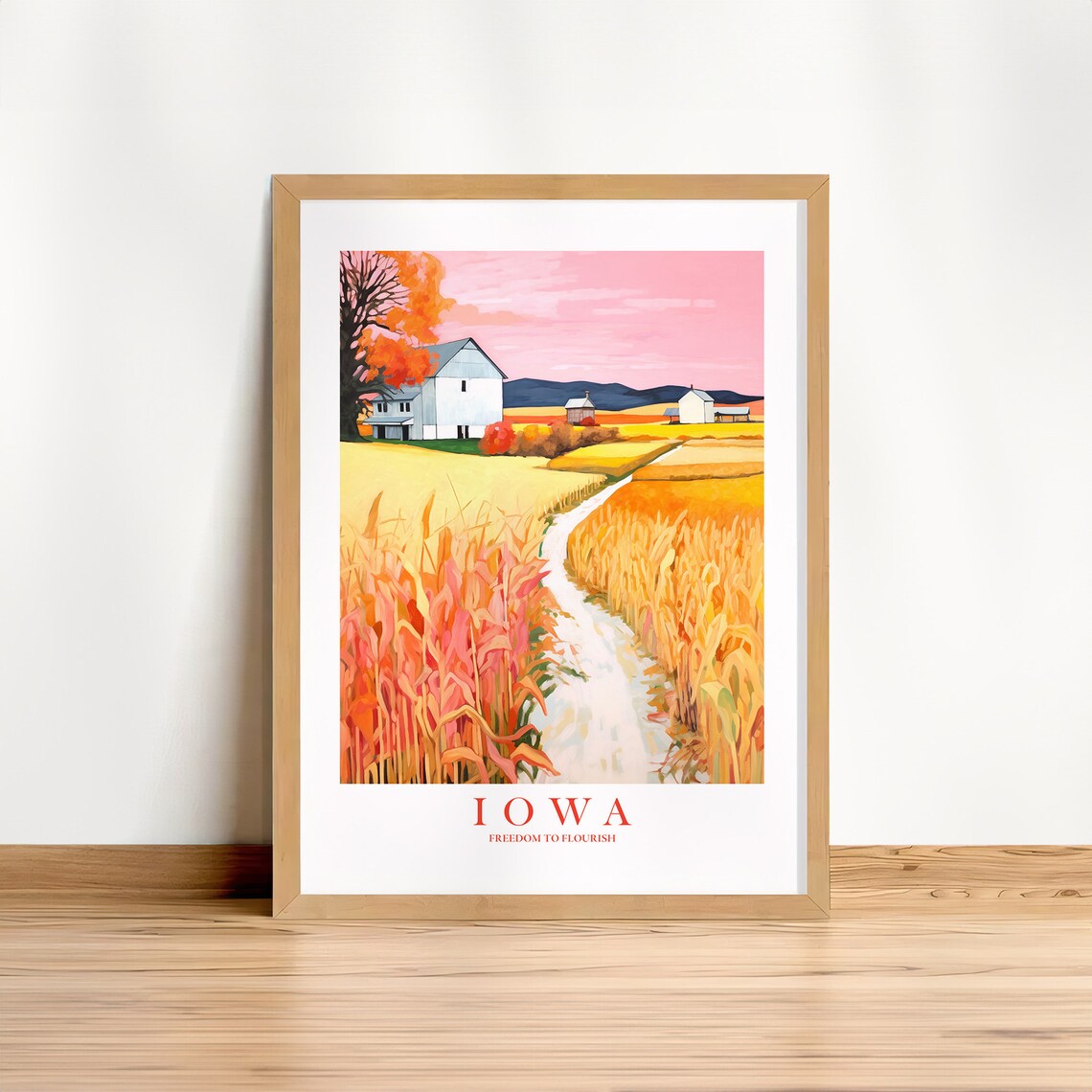 Iowa Farmhouse Cornfield Pink Sunset Retro Travel Art Poster