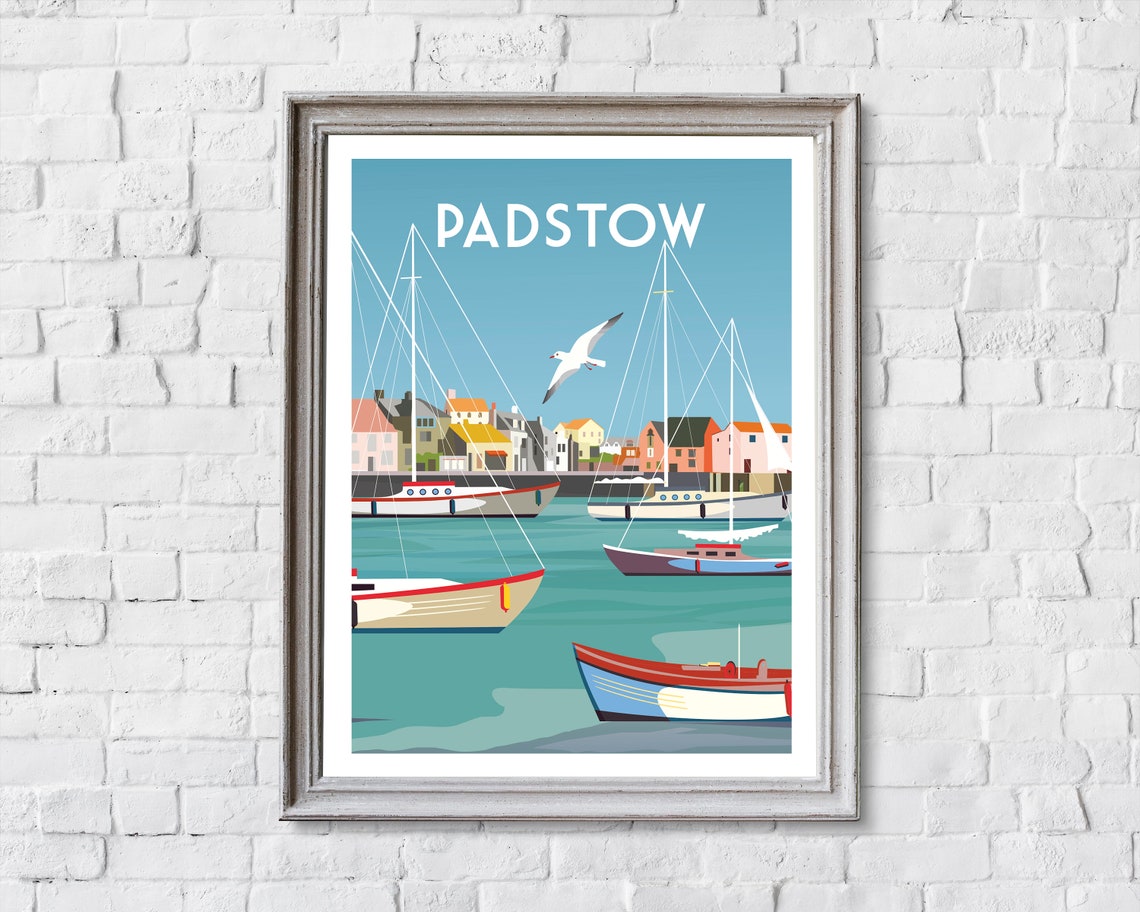 Padstow Cornwall Picturesque Harbor Sailboats Seagull Travel Poster - Image 2