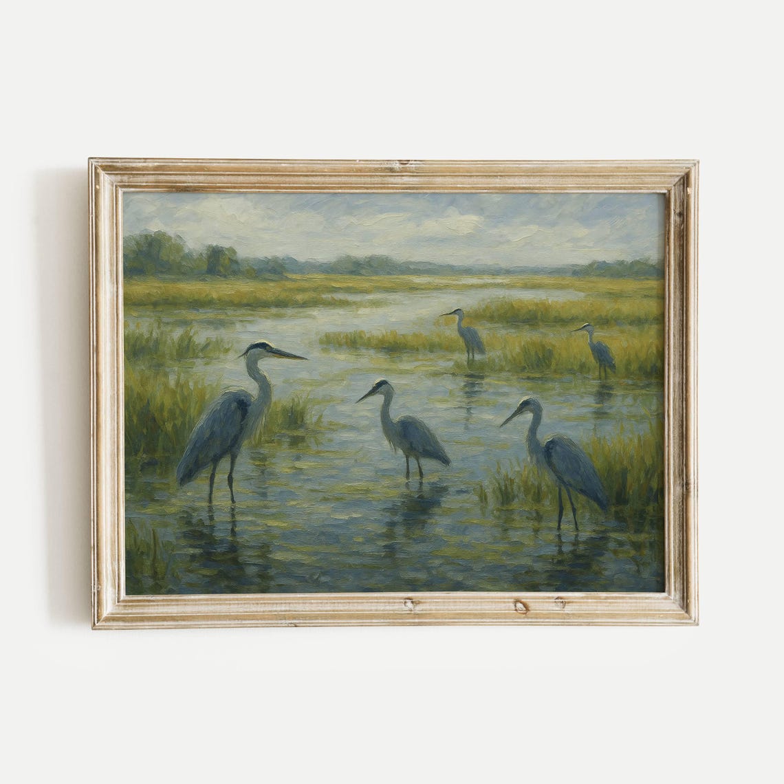 Herons Wading in a Misty Marshland Vintage Style Oil Painting Poster