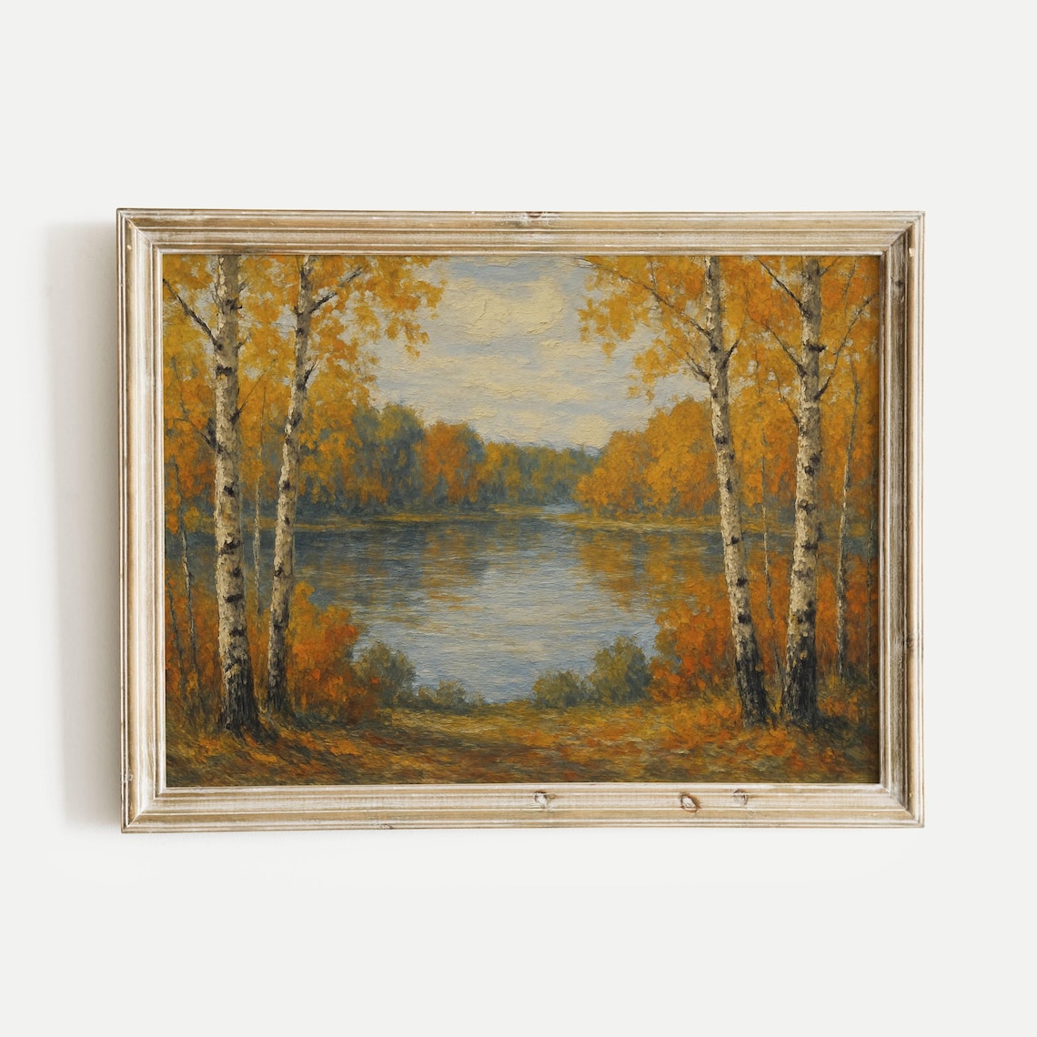 Autumn Birch Trees Golden Lakeside Vintage Oil Painting Poster