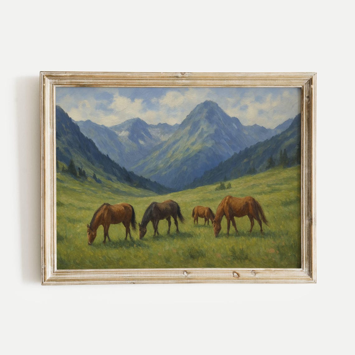 Four Horses Grazing in a Mountain Meadow Alpine Oil Painting Poster