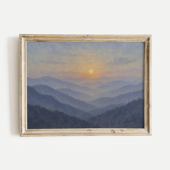 Hazy Mountain Range At Sunrise Oil Painting Print Vintage Nature Wall Art Home Office Living Room Bedroom Decor