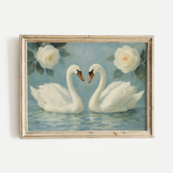 White Swan Blue Lake Oil Painting Print Vintage Wall Art Home And Office Living Room Bedroom Nursery Decor