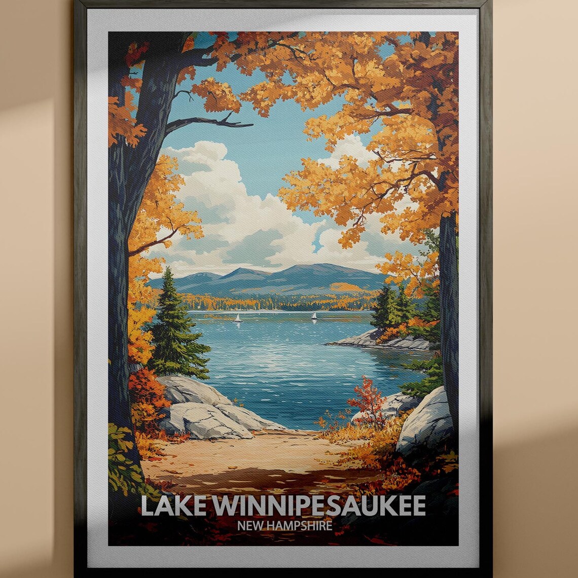 Lake Winnipesaukee New Hampshire Autumn Foliage Sailboat Travel Poster