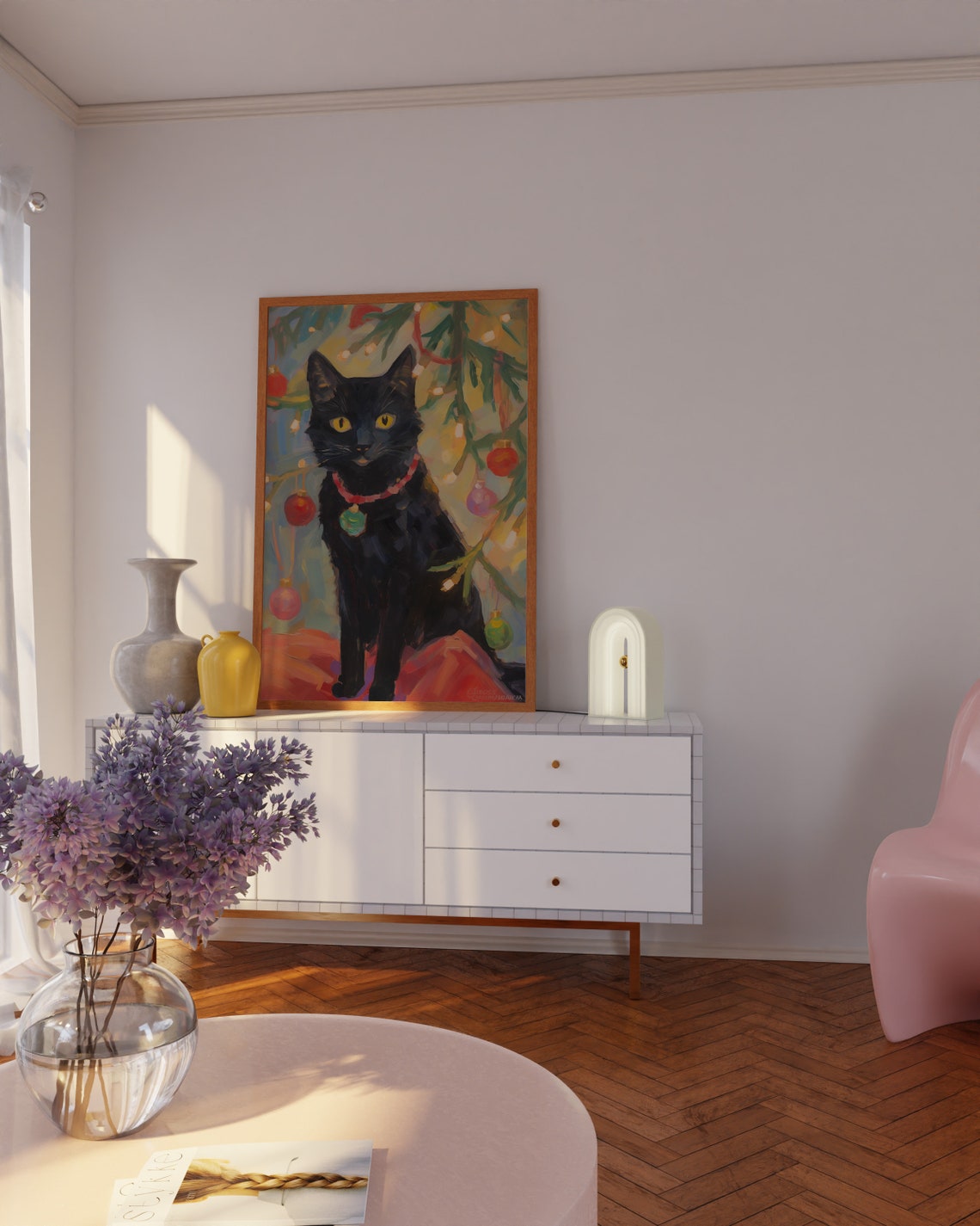 Black Cat With Red Collar Under A Christmas Tree Holiday Poster - Image 3