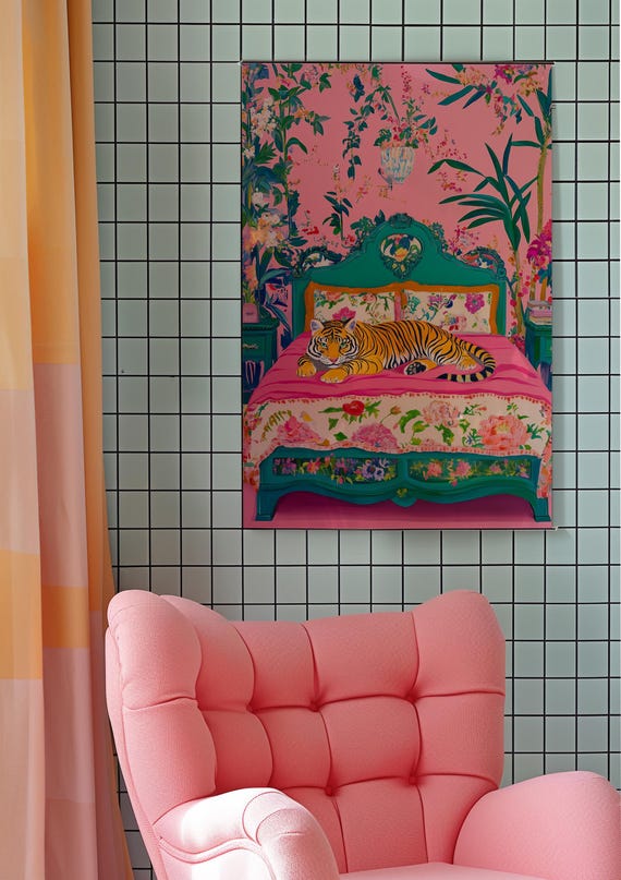 Colorful Tiger Wall Art, Maximalist Bedroom Art Print