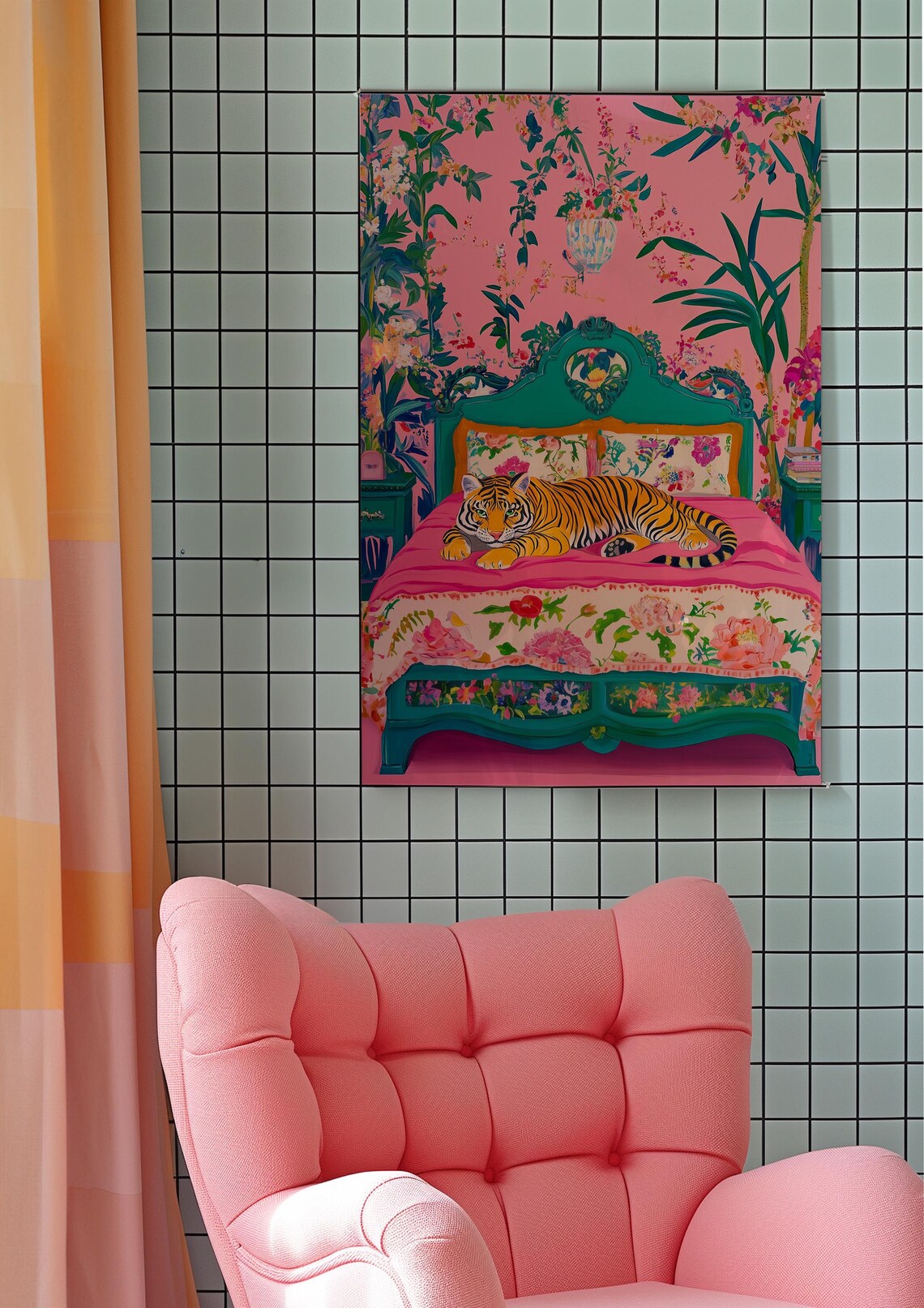 Colorful Tiger Wall Art, Maximalist Bedroom Art Print