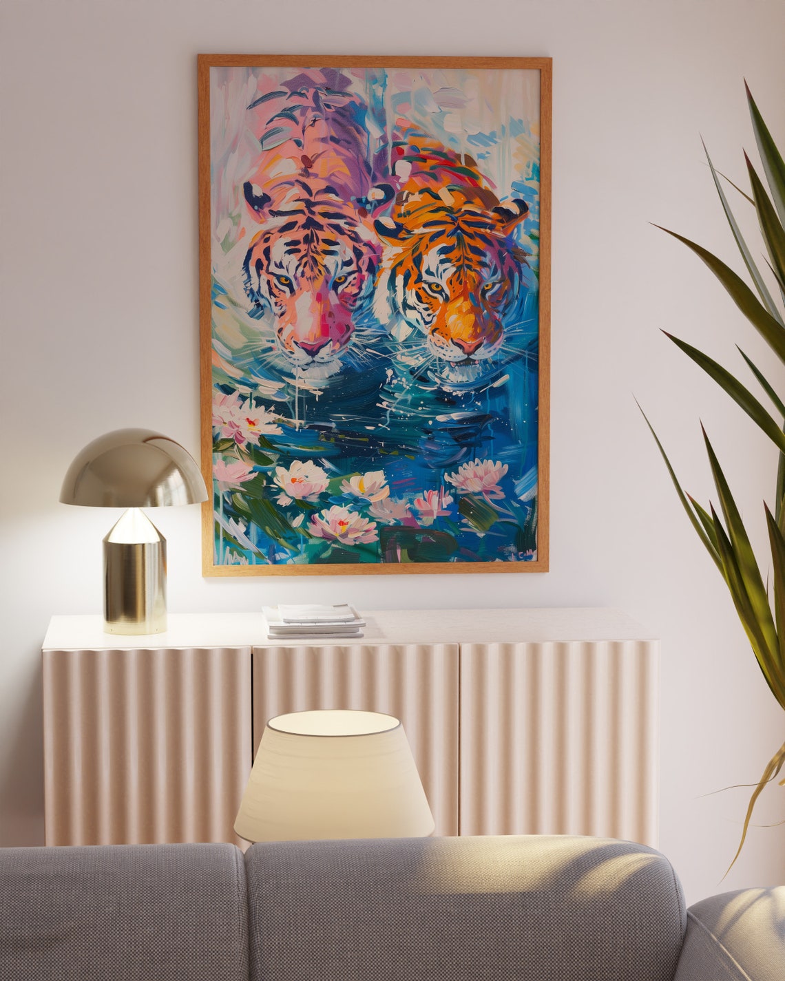 Two Tigers Swimming Among Water Lilies Painterly Maximalist Poster - Image 3