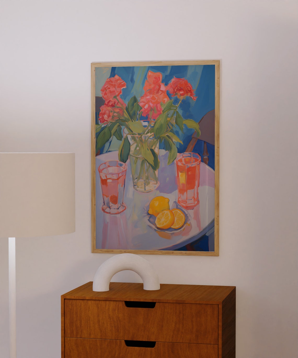 Coral Roses And Fresh Lemons Still Life Table Painting Poster - Image 2