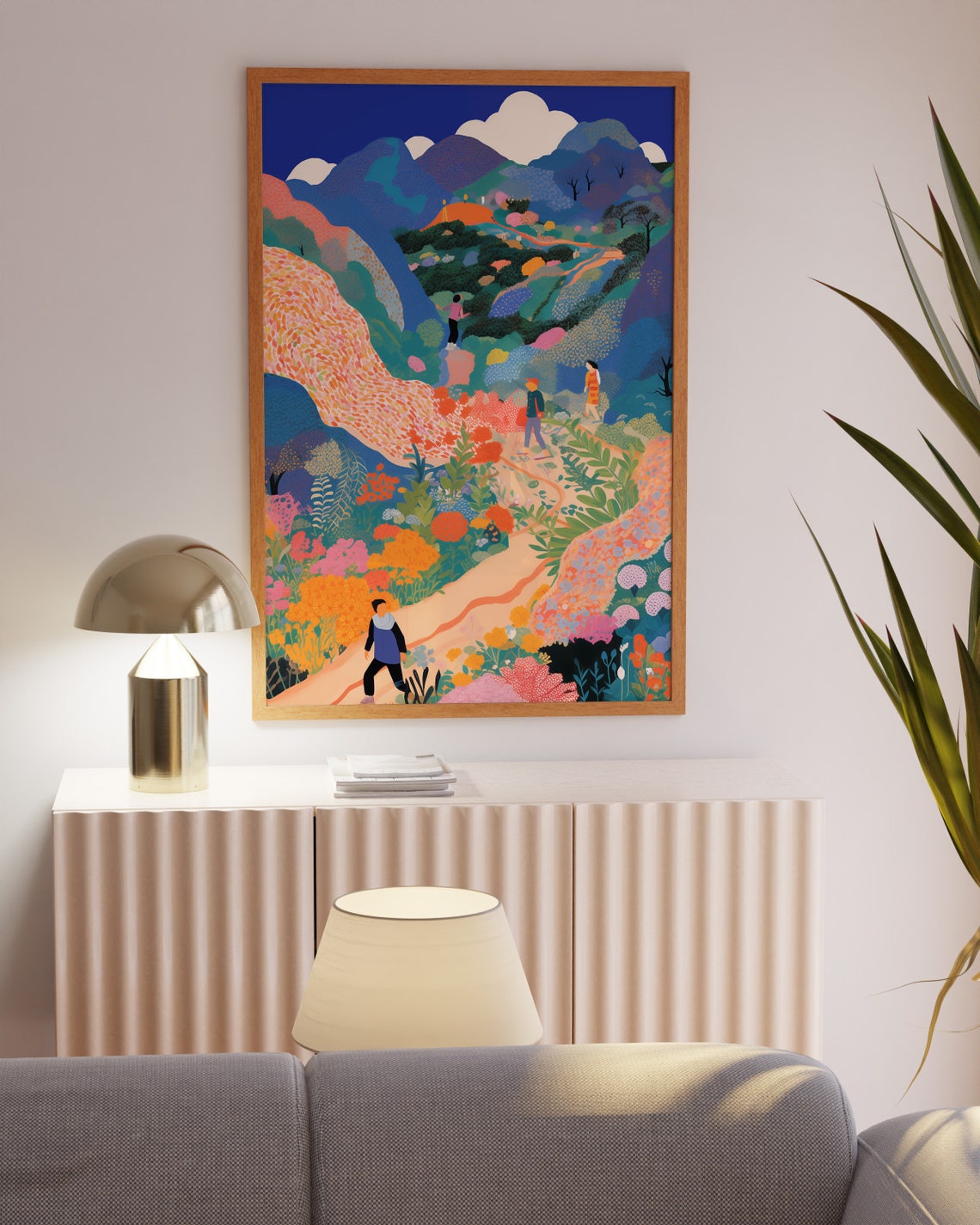 Colorful Abstract Mountain Valley with Hikers Landscape Poster - Image 2