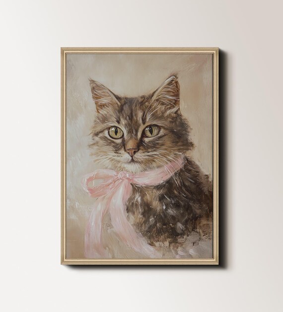 Tabby Cat With Pink Bow Soft Pastel Vintage Feline Portrait Art Poster