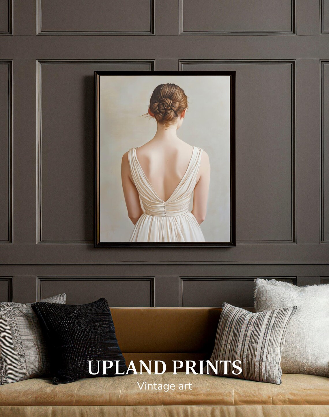 Woman From Behind In White Draped Dress Minimalist Portrait Poster - Image 2