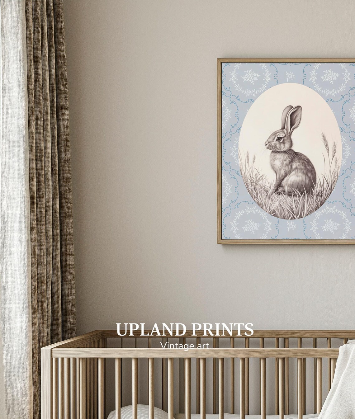 Bunny in Oval Cameo on Blue Patterned Ground Vintage Nursery Art Poster - Image 3