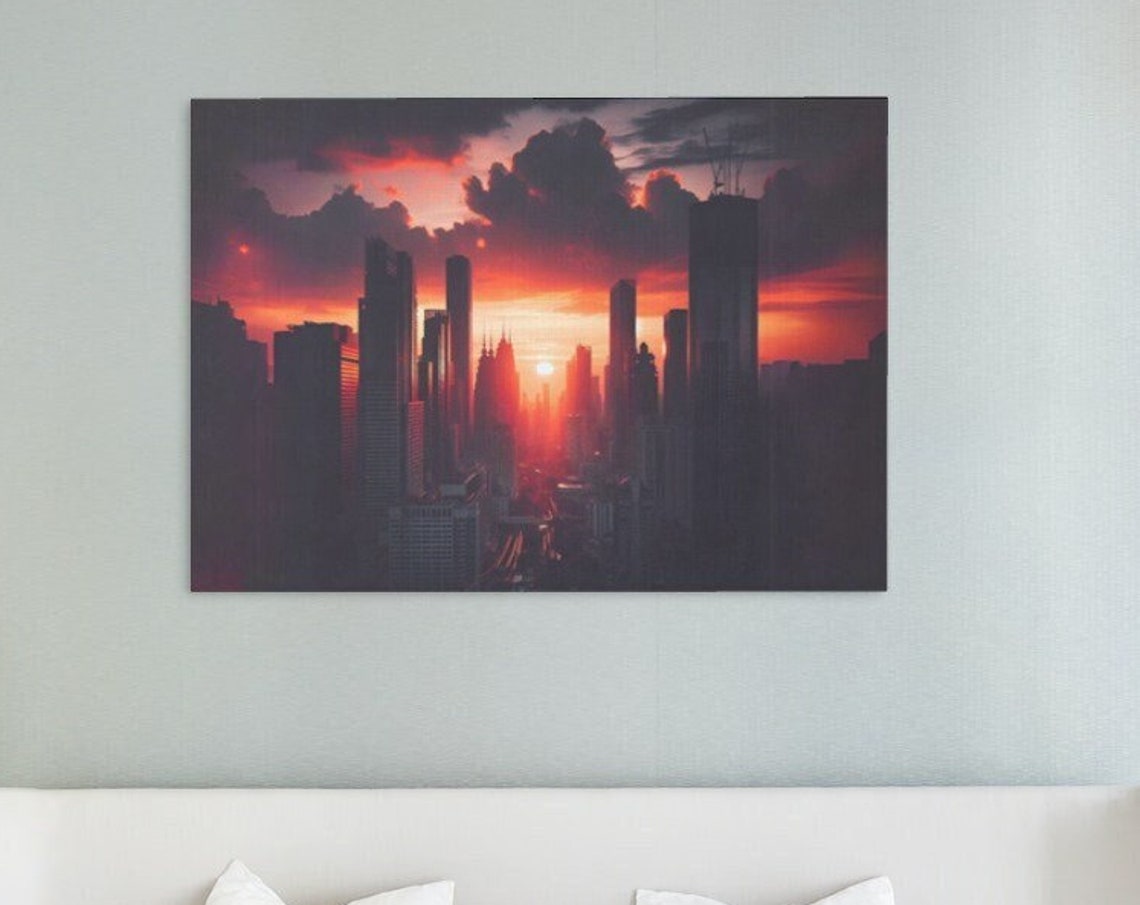 City Skyline Silhouette Dramatic Red Sunset Clouds Urban View Poster - Image 4