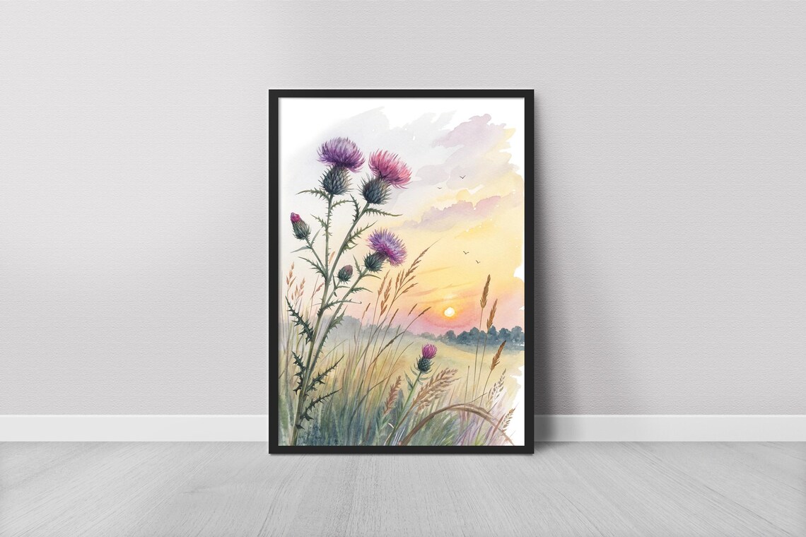 Purple Thistle Watercolor Painting Wildflowers Sunset Field Wall Art