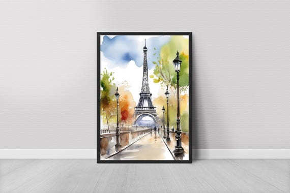 Eiffel Tower Watercolor Painting Paris Cityscape Wall Art Sketch Travel Poster