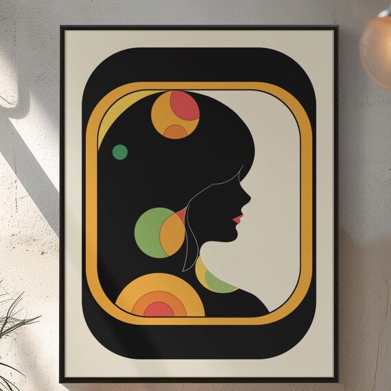 Retro 70s Psychedelic Silhouette, Geometric Art Print