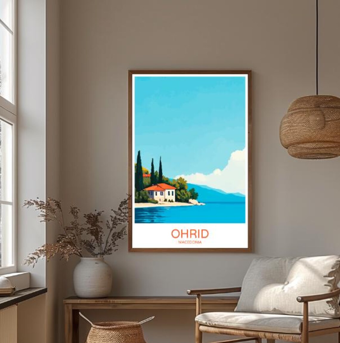 Ohrid Macedonia Serene Lakeside House Cypress Trees Travel Poster - Image 3