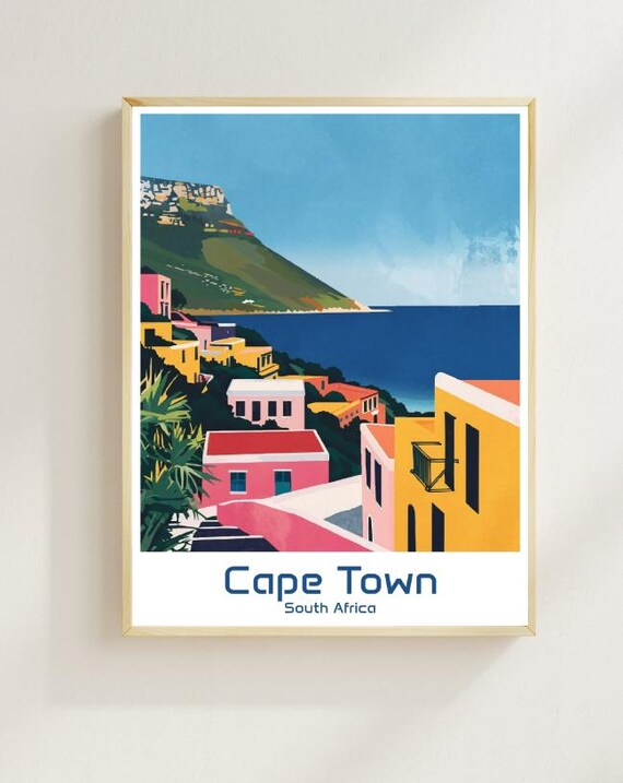 Cape Town South Africa Table Mountain Colorful Hillside Travel Poster