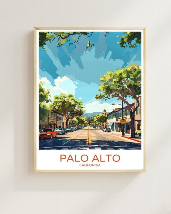 Palo Alto California Tree Lined Downtown Street Sunny Travel Poster