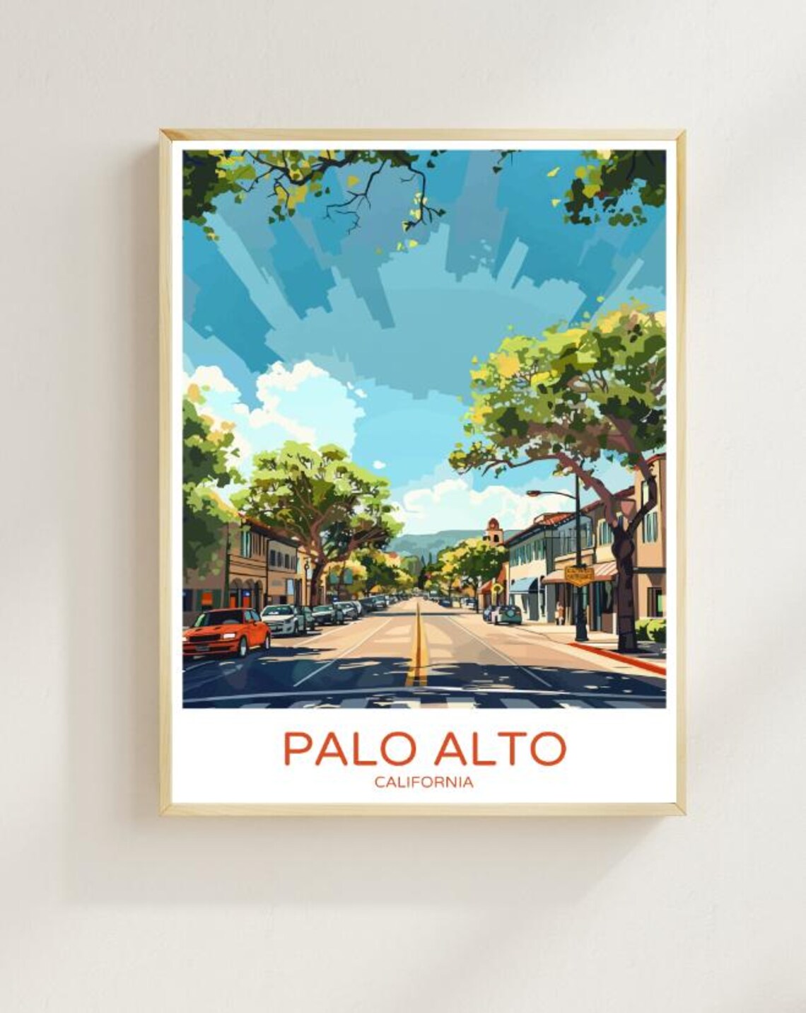Palo Alto California Tree Lined Downtown Street Sunny Travel Poster