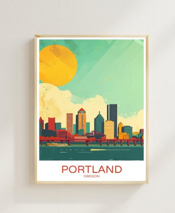 Portland Oregon Skyline Travel Poster With Retro Sun And Bridge Art