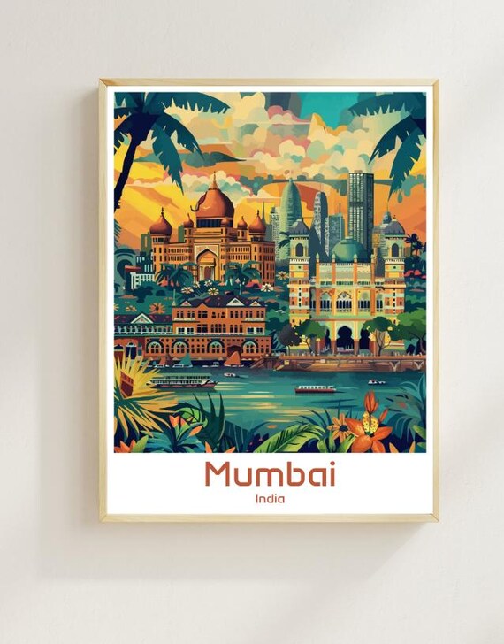Mumbai India Colonial Skyline Sunset Vintage Illustrated Travel Poster