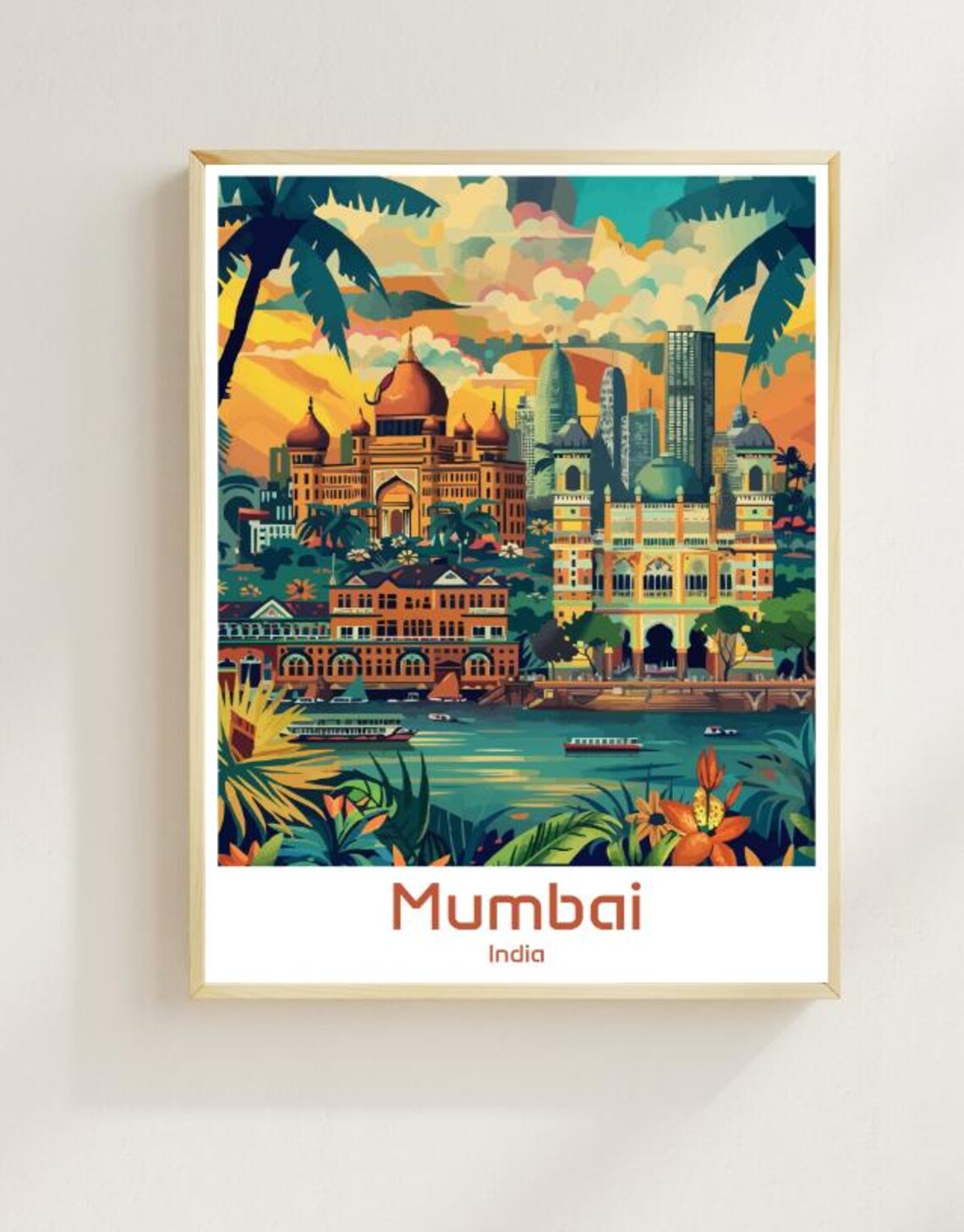 Mumbai India Colonial Skyline Sunset Vintage Illustrated Travel Poster