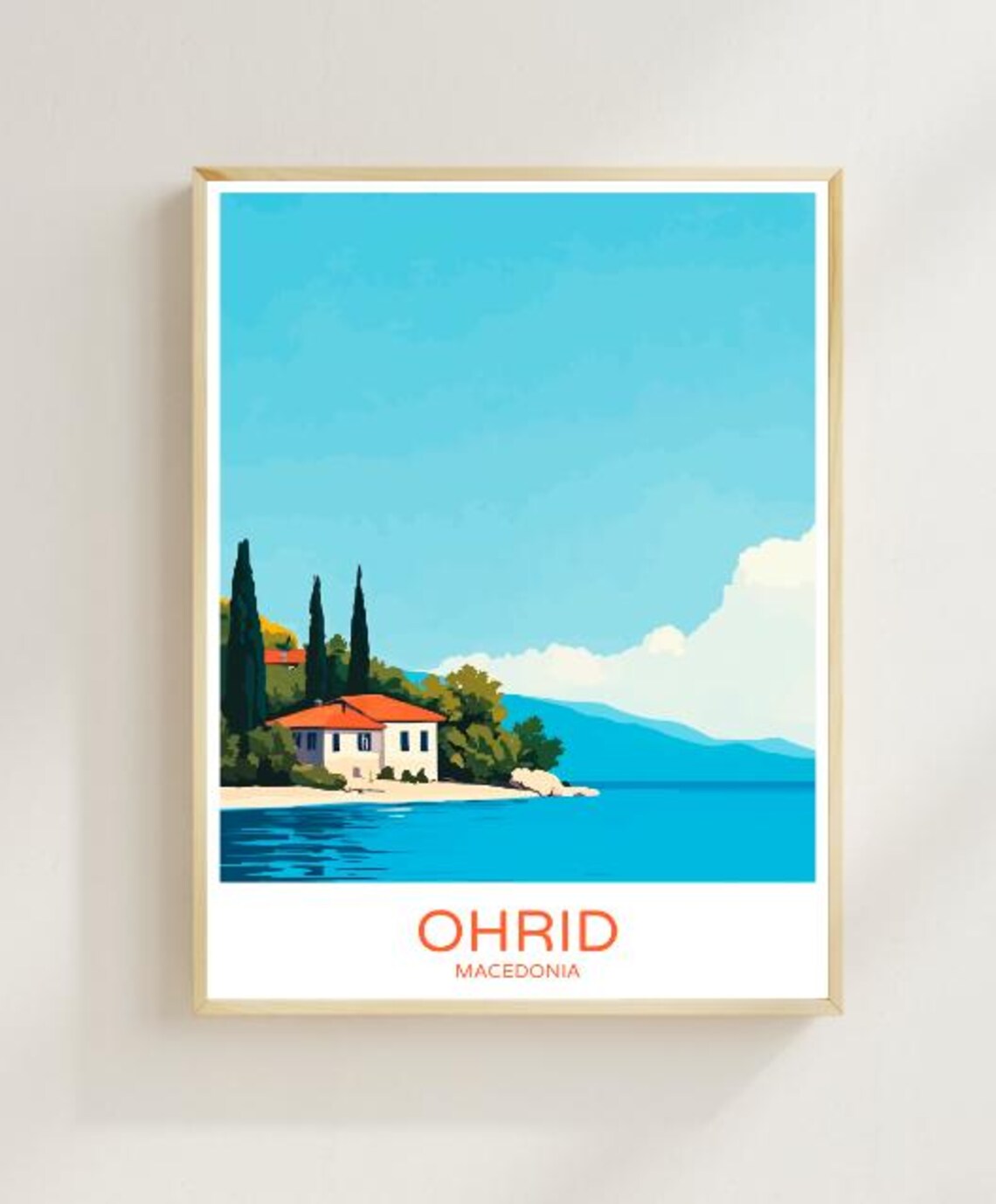 Ohrid Macedonia Serene Lakeside House Cypress Trees Travel Poster