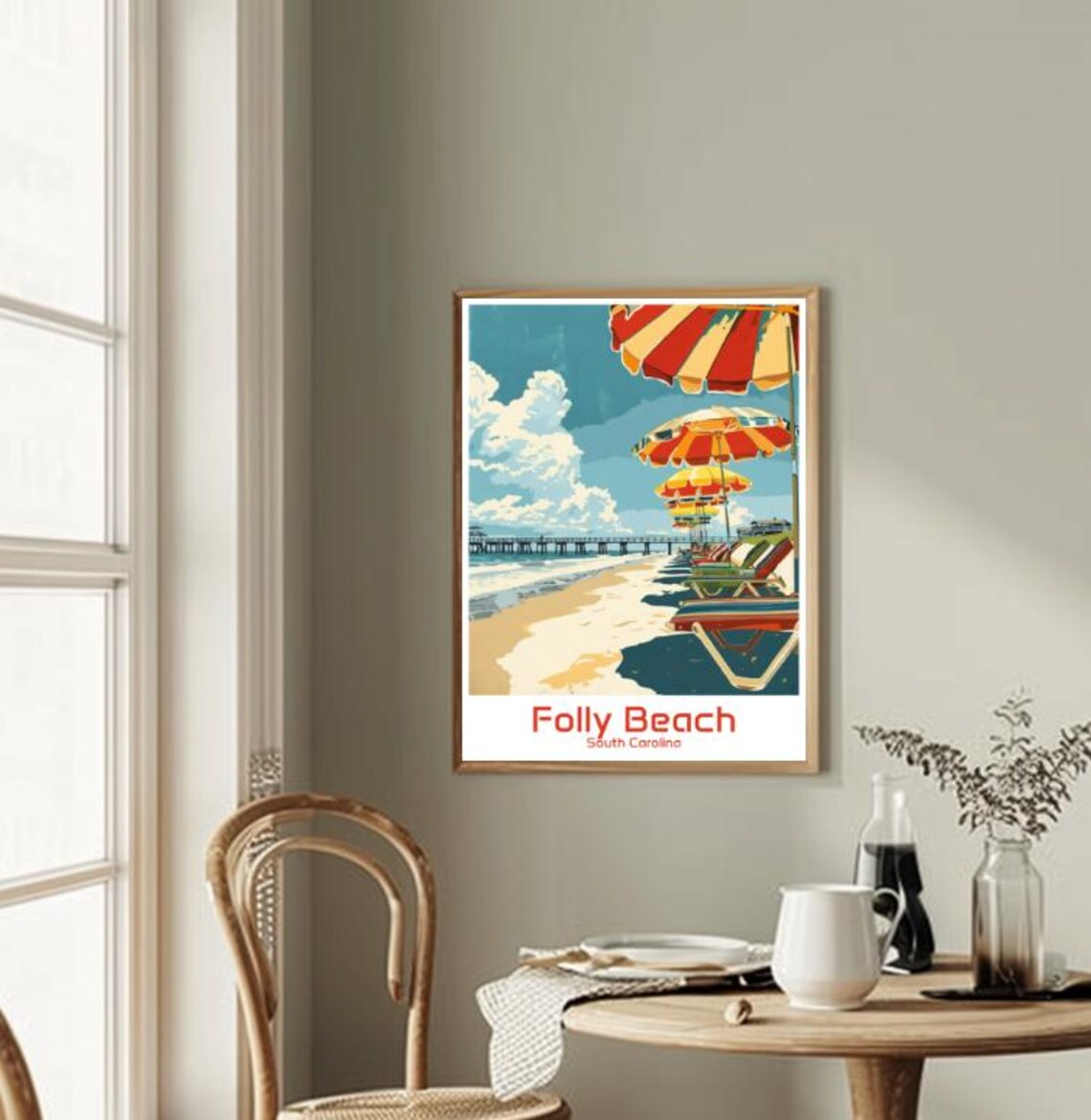 Folly Beach South Carolina Vintage Travel Pier Umbrellas Poster - Image 2