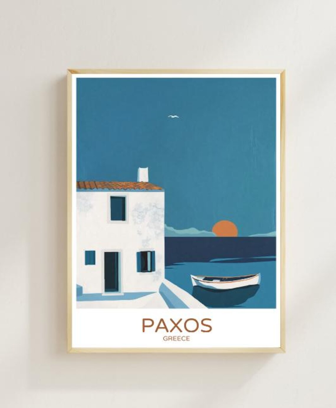 Paxos Greece Travel Poster White House Boat Sunset Island Scene Art