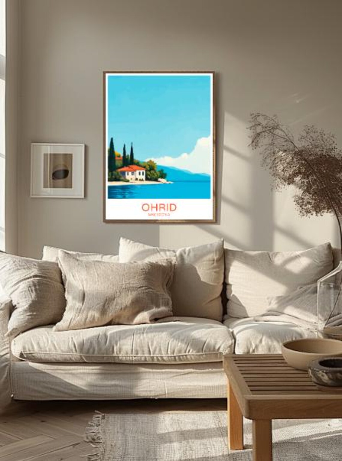 Ohrid Macedonia Serene Lakeside House Cypress Trees Travel Poster - Image 2
