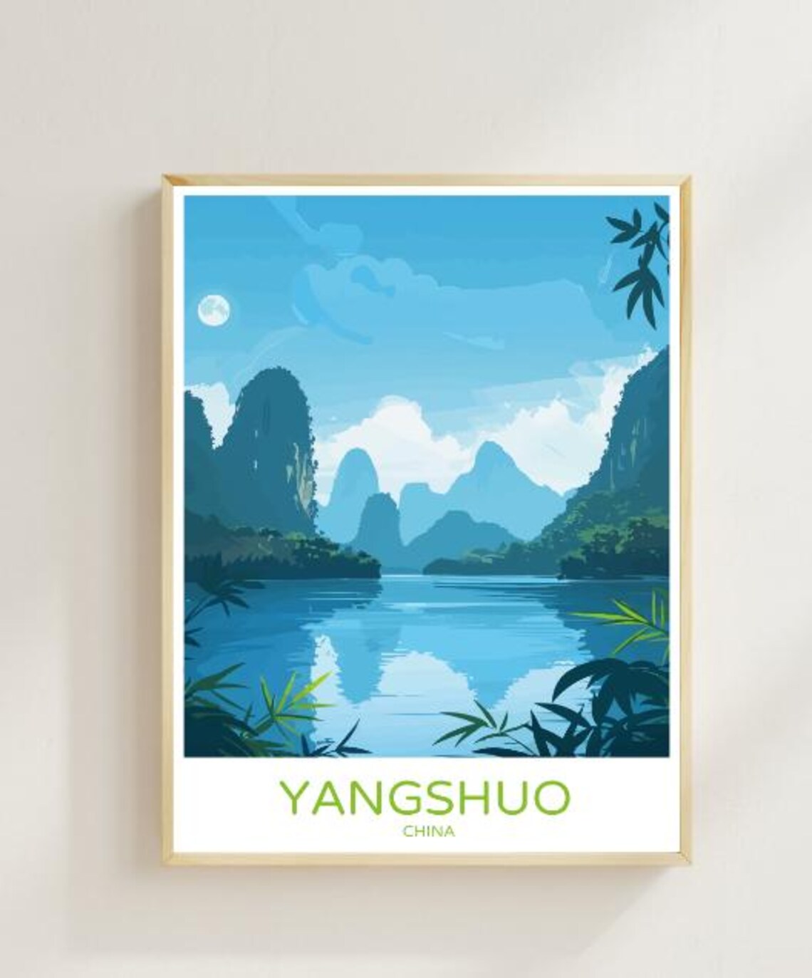 Yangshuo China Li River Limestone Karsts Moonlit Retro Travel Poster