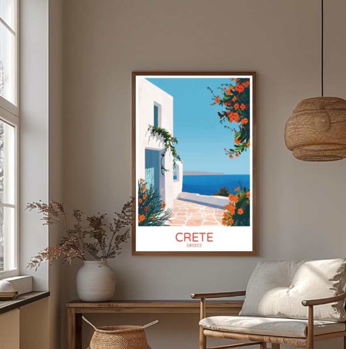 Crete Greece Whitewashed House Blue Door And Sea View Travel Poster - Image 3
