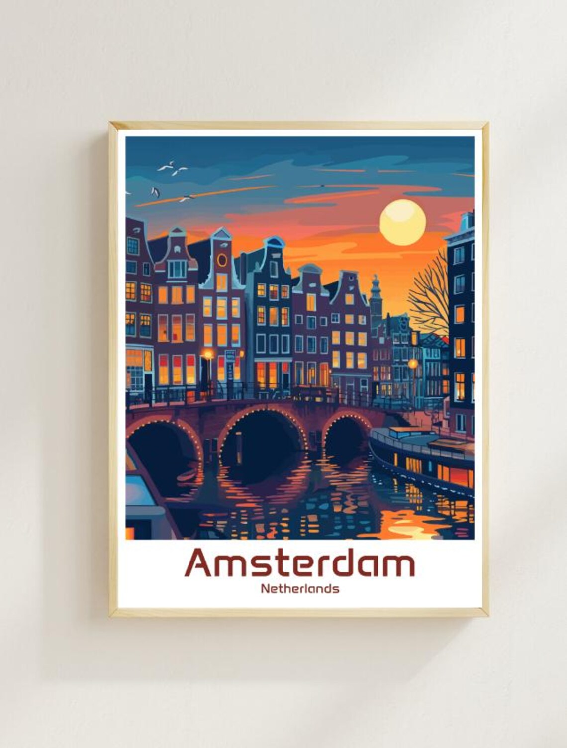 Amsterdam Netherlands Canal Moonrise Gabled Houses Night Travel Poster