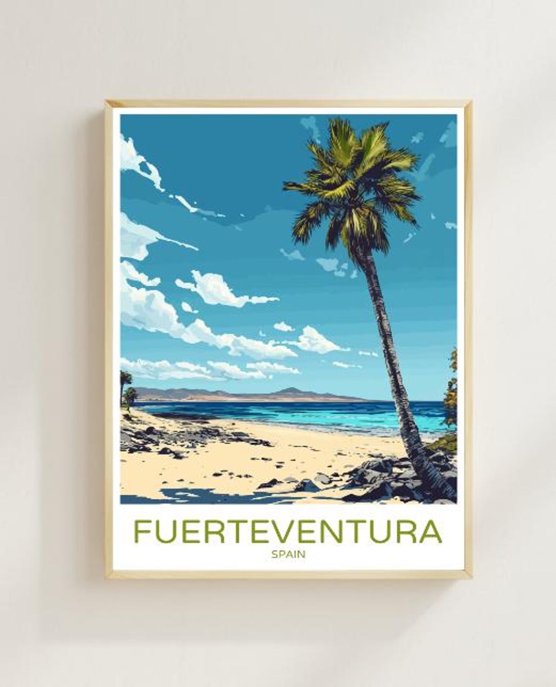 Fuerteventura Spain Travel Poster Palm Beach Volcanic Coast View Decor